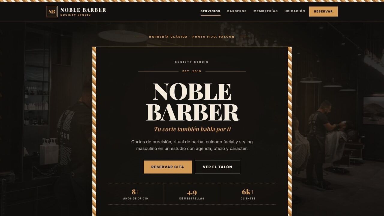 Noble Barber: portada con letrero de barbero, servicios y reserva de cita