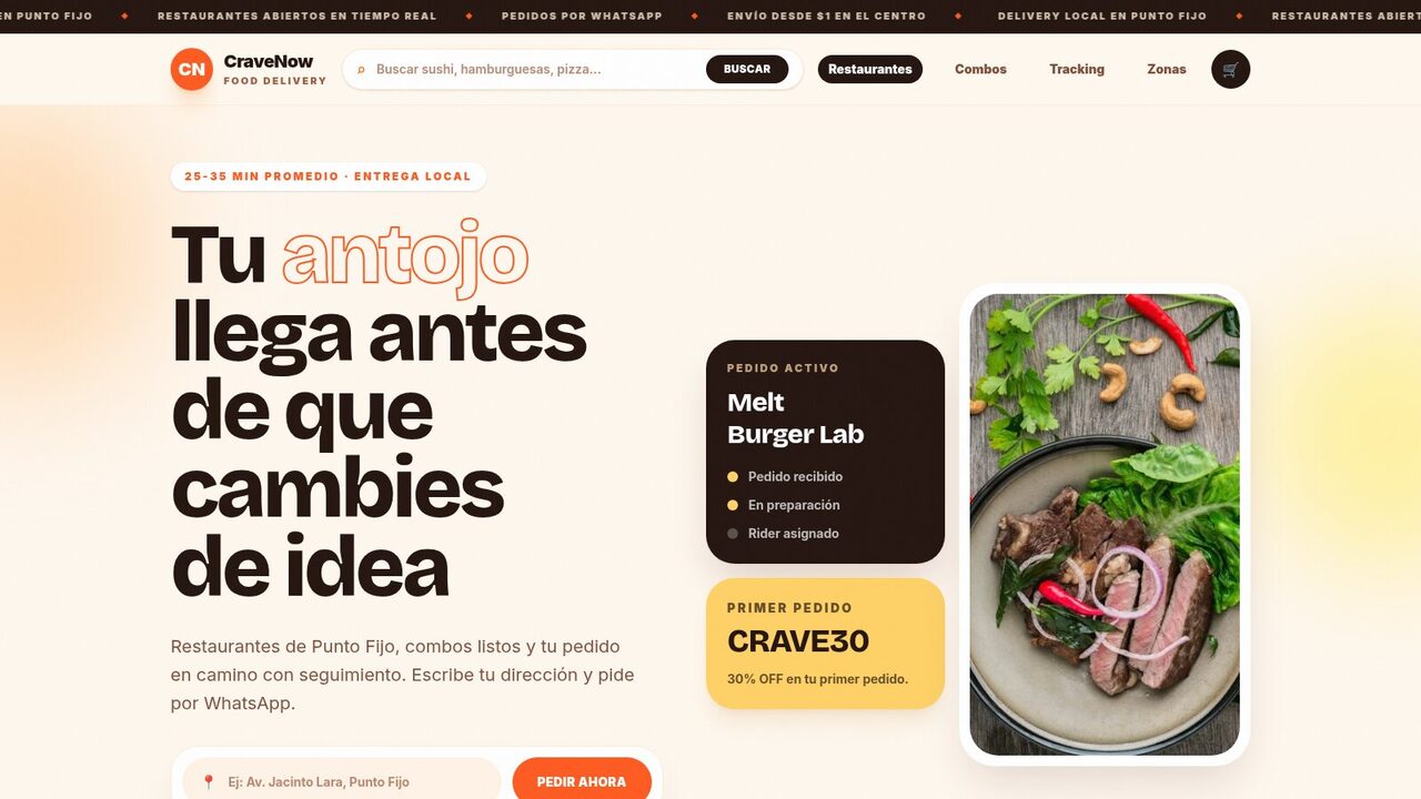 CraveNow: portada con buscador de restaurantes, pedido activo y cupón