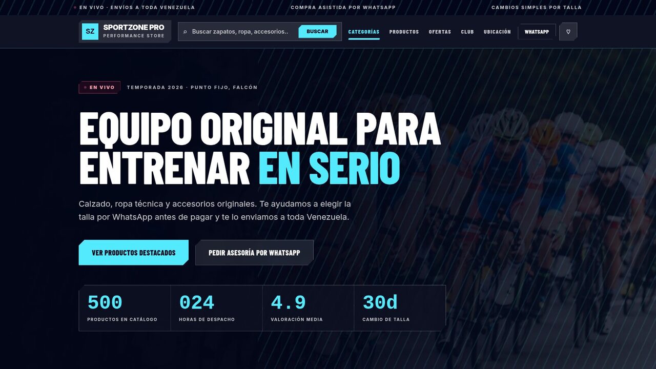 SportZone: portada con buscador, titular bicolor y cifras de catálogo