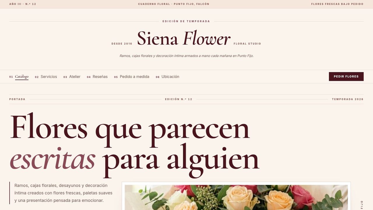 Siena Flower: portada editorial con titular y ramo destacado